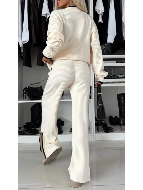 Top la modă cu mâneci lungi cu decolteu O + pantaloni largi Set 2 piese pentru femei Color de toamnă care se potrivesc costum de buzunar lejer casual pentru femei