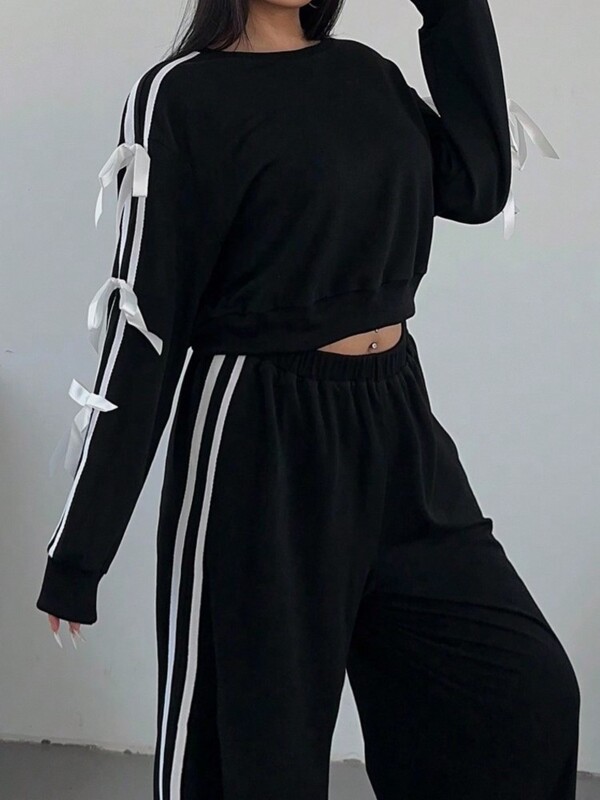 Madingas ilgomis rankovėmis O formos iškirpte apkarpytas viršus + plačios kelnės 2 dalių rinkinys moterims Rudeninis dryžuotas lanko dizainas Laisvas kostiumas Y2K