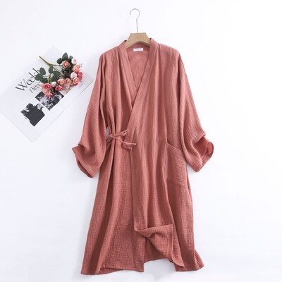 Pāri Krepveida marles peldmētelis ciets 100% kokvilnas halāts ar garām piedurknēm V veida kakla izgriezumu kimono kāzu halāti guļamveļa liela izmēra rītasvārki