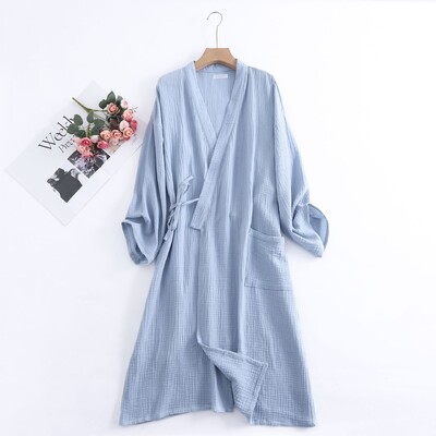 Pāri Krepveida marles peldmētelis ciets 100% kokvilnas halāts ar garām piedurknēm V veida kakla izgriezumu kimono kāzu halāti guļamveļa liela izmēra rītasvārki