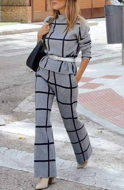 Rudens žiemos mada Naujas pusiau aukšto kaklo ilgomis rankovėmis languotos kelnės Moteriški kostiumai Moterims Elegantiškas kišeninis biuro 2 dalių rinkinys