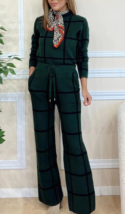 Rudens žiemos mada Naujas pusiau aukšto kaklo ilgomis rankovėmis languotos kelnės Moteriški kostiumai Moterims Elegantiškas kišeninis biuro 2 dalių rinkinys