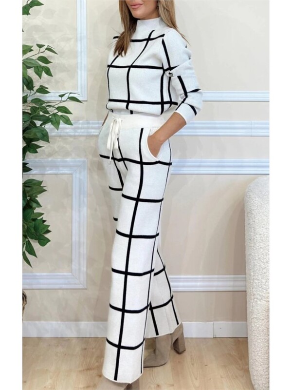 Rudens žiemos mada Naujas pusiau aukšto kaklo ilgomis rankovėmis languotos kelnės Moteriški kostiumai Moterims Elegantiškas kišeninis biuro 2 dalių rinkinys