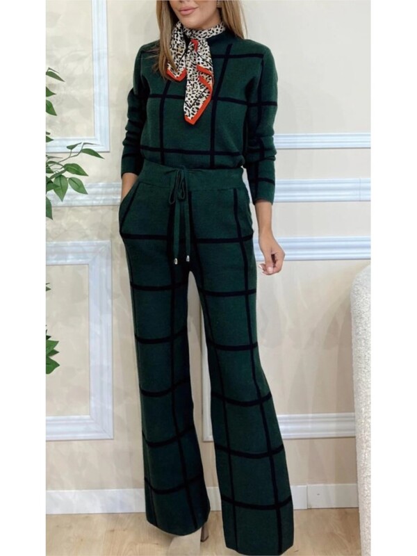 Rudens žiemos mada Naujas pusiau aukšto kaklo ilgomis rankovėmis languotos kelnės Moteriški kostiumai Moterims Elegantiškas kišeninis biuro 2 dalių rinkinys