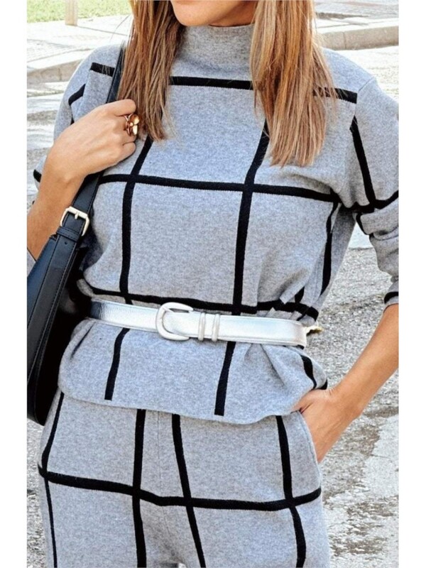 Rudens žiemos mada Naujas pusiau aukšto kaklo ilgomis rankovėmis languotos kelnės Moteriški kostiumai Moterims Elegantiškas kišeninis biuro 2 dalių rinkinys