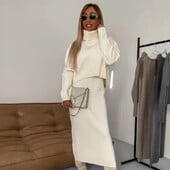 Jesenné a zimné dámske dvojdielne sukne, elegantný pletený set s dlhým rukávom a rolákom, voľný top s sukňou