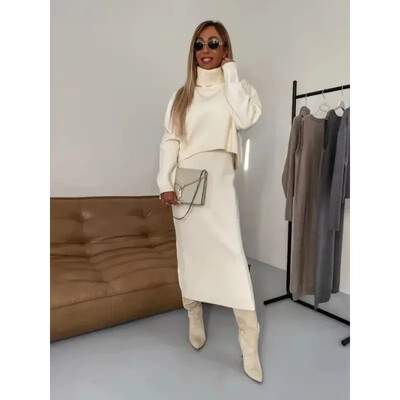 Jesenné a zimné dámske dvojdielne sukne, elegantný pletený set s dlhým rukávom a rolákom, voľný top s sukňou
