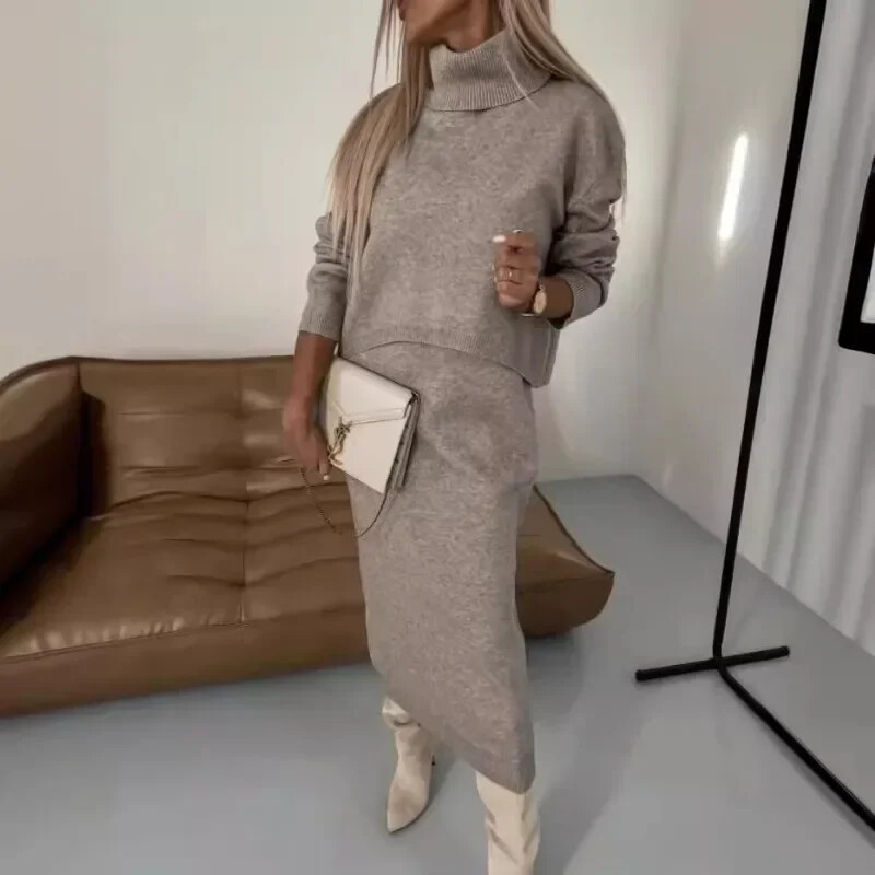 Jesenné a zimné dámske dvojdielne sukne, elegantný pletený set s dlhým rukávom a rolákom, voľný top s sukňou