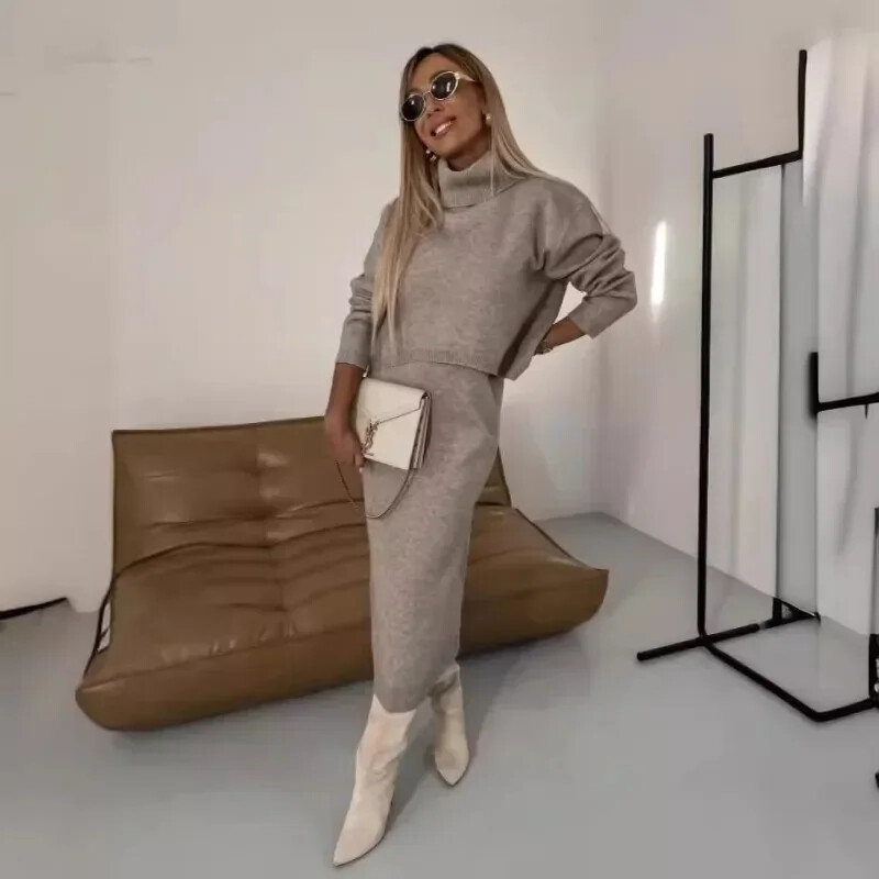 Jesenné a zimné dámske dvojdielne sukne, elegantný pletený set s dlhým rukávom a rolákom, voľný top s sukňou