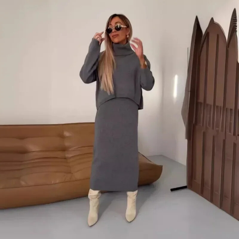 Jesenné a zimné dámske dvojdielne sukne, elegantný pletený set s dlhým rukávom a rolákom, voľný top s sukňou