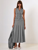 Mozision Φθινοπωρινά Σετ Δύο Τεμάχια Γυναικεία Γιλέκο με διπλό στήθος και Σετ ασορτί με σπαστό φούστα Μόδα Μακριά πλισέ φούστα Σετ δύο τεμαχίων