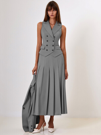 Mozision Φθινοπωρινά Σετ Δύο Τεμάχια Γυναικεία Γιλέκο με διπλό στήθος και Σετ ασορτί με σπαστό φούστα Μόδα Μακριά πλισέ φούστα Σετ δύο τεμαχίων