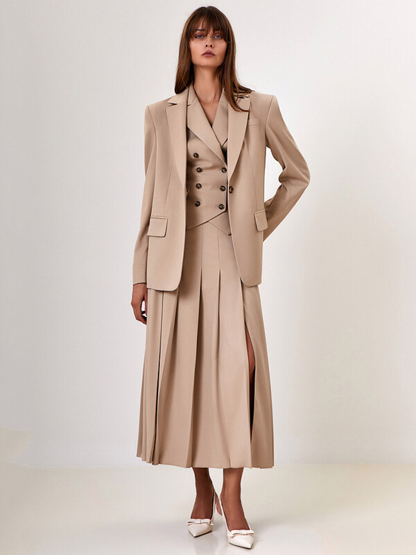 Mozision Φθινοπωρινά Σετ Δύο Τεμάχια Γυναικεία Γιλέκο με διπλό στήθος και Σετ ασορτί με σπαστό φούστα Μόδα Μακριά πλισέ φούστα Σετ δύο τεμαχίων