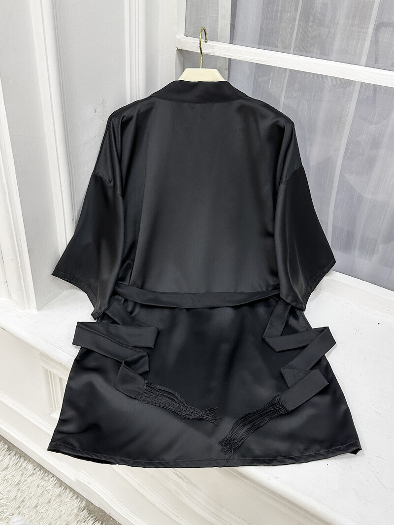 Μαύρο μεταξωτό μεσομάνικο γυναικείο νυχτικό Καλοκαιρινό κοντό φόρεμα μπάνιου με κορδόνια ζακέτα λεπτό σέξι νυχτικό