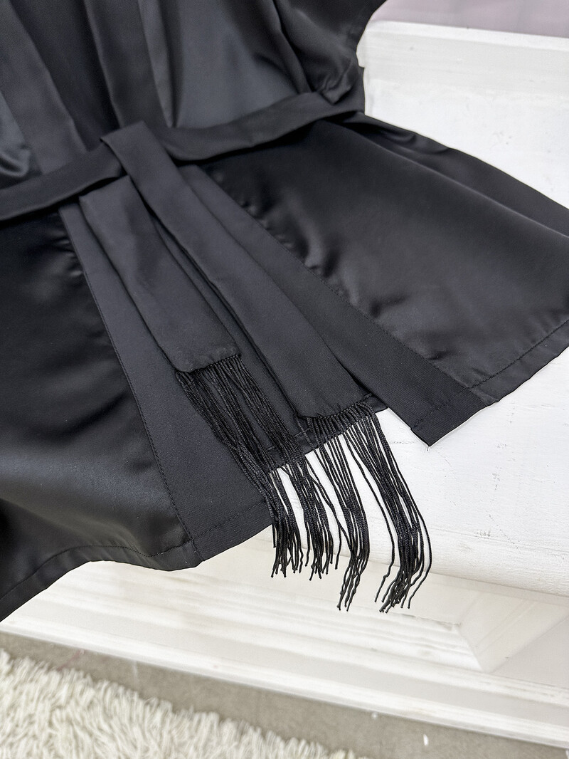 Μαύρο μεταξωτό μεσομάνικο γυναικείο νυχτικό Καλοκαιρινό κοντό φόρεμα μπάνιου με κορδόνια ζακέτα λεπτό σέξι νυχτικό