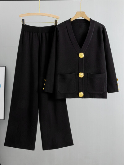 Set de 2 piese tricot pentru femei, toamnă iarnă, cardigan cu decolteu în V, cu nasturi mari aurii + talie înaltă, pantaloni largi, pantaloni largi, costume de pulover