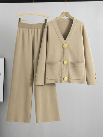 Set de 2 piese tricot pentru femei, toamnă iarnă, cardigan cu decolteu în V, cu nasturi mari aurii + talie înaltă, pantaloni largi, pantaloni largi, costume de pulover