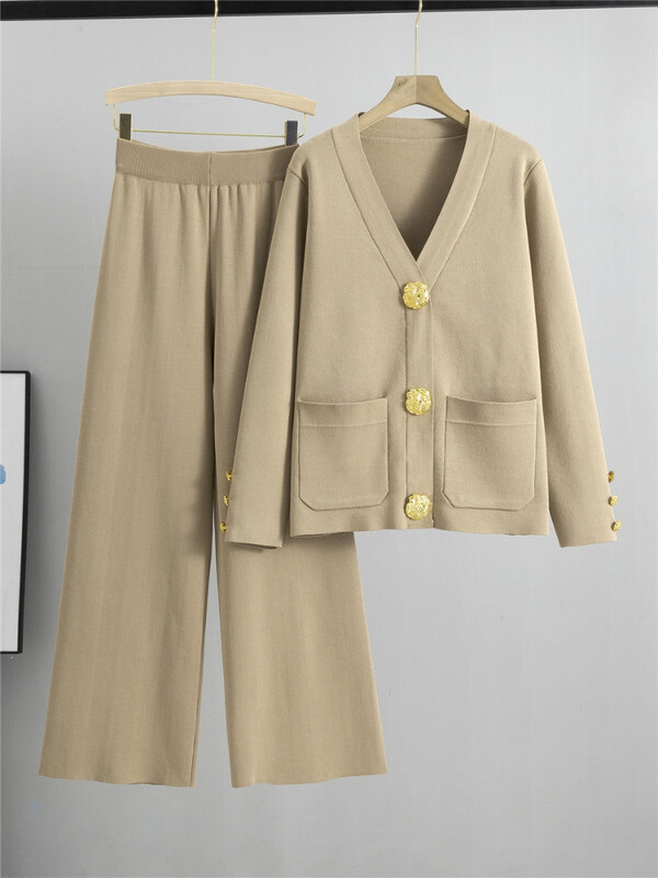 Set de 2 piese tricot pentru femei, toamnă iarnă, cardigan cu decolteu în V, cu nasturi mari aurii + talie înaltă, pantaloni largi, pantaloni largi, costume de pulover
