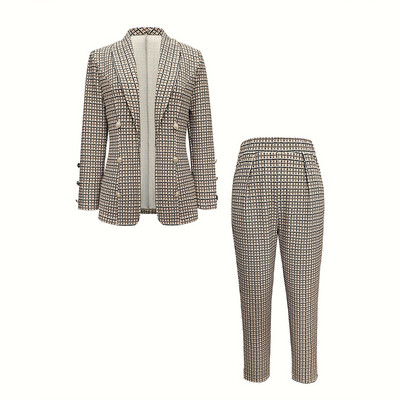 Női divatos 2 részes szett kockás duplasoros blézer és vintage elasztikus deréknadrág női elegáns irodai női nadrág szettek