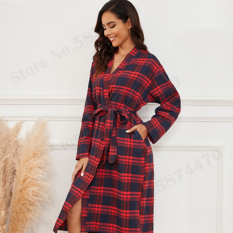 Dámske sexy župan, bavlnený župan, kimono, jar, jeseň, kockované pyžamo, voľné ležérne domáce oblečenie s dlhým rukávom, nočné prádlo