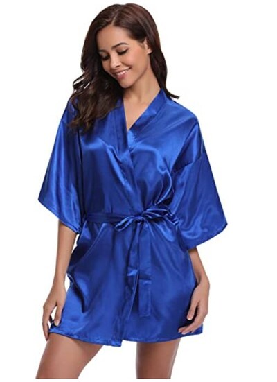 Új selyem kimonó köntös fürdőköpeny női selyem koszorúslány köntös Szexi sötétkék köntös szatén köntös Női pongyolák