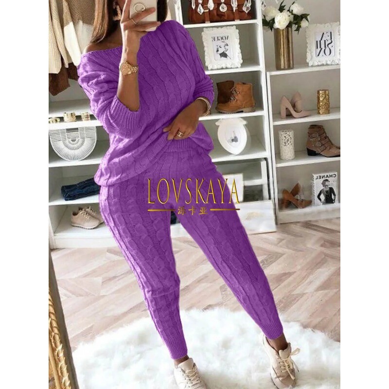 Casual Πουλόβερ δύο τεμαχίων Χοντρά Πλεκτά Πλεκτά Παντελόνια Πλεκτά Πλεκτά Σετ ώμου Γυναικεία Μακρυμάνικα Πλεκτά