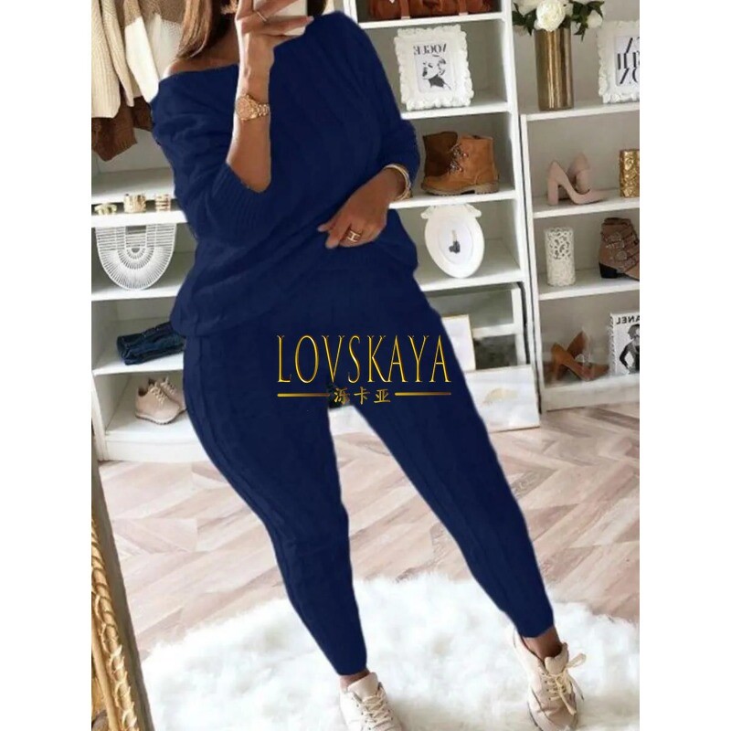 Casual Πουλόβερ δύο τεμαχίων Χοντρά Πλεκτά Πλεκτά Παντελόνια Πλεκτά Πλεκτά Σετ ώμου Γυναικεία Μακρυμάνικα Πλεκτά