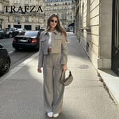 TRAFZA 2024 Jar/Leto ležérne dámske jednofarebné obleky Móda Streetwear Vrecká s golierom a krátkymi bundami + elegantné nohavice so širokými nohavicami