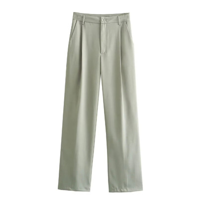 TRAFZA 2024 Jar/Leto ležérne dámske jednofarebné obleky Móda Streetwear Vrecká s golierom a krátkymi bundami + elegantné nohavice so širokými nohavicami