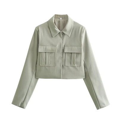 TRAFZA 2024 Jar/Leto ležérne dámske jednofarebné obleky Móda Streetwear Vrecká s golierom a krátkymi bundami + elegantné nohavice so širokými nohavicami