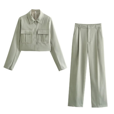 TRAFZA 2024 Jar/Leto ležérne dámske jednofarebné obleky Móda Streetwear Vrecká s golierom a krátkymi bundami + elegantné nohavice so širokými nohavicami