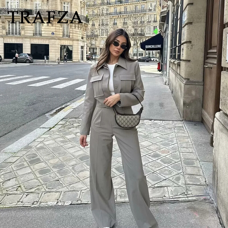 TRAFZA 2024 Jar/Leto ležérne dámske jednofarebné obleky Móda Streetwear Vrecká s golierom a krátkymi bundami + elegantné nohavice so širokými nohavicami