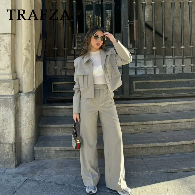 TRAFZA 2024 Jar/Leto ležérne dámske jednofarebné obleky Móda Streetwear Vrecká s golierom a krátkymi bundami + elegantné nohavice so širokými nohavicami