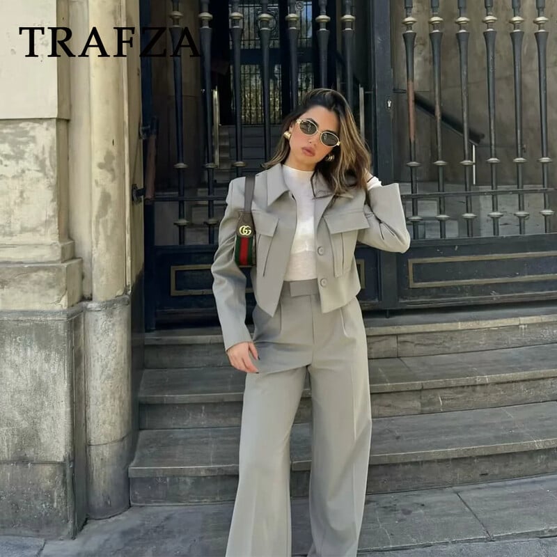 TRAFZA 2024 Jar/Leto ležérne dámske jednofarebné obleky Móda Streetwear Vrecká s golierom a krátkymi bundami + elegantné nohavice so širokými nohavicami