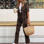 Divatos, leopárdmintás női kétrészes készletek Elegáns hajtókás hosszú ujjú blézer és nadrágkosztüm Új őszi, hétköznapi ingázási ruhák
