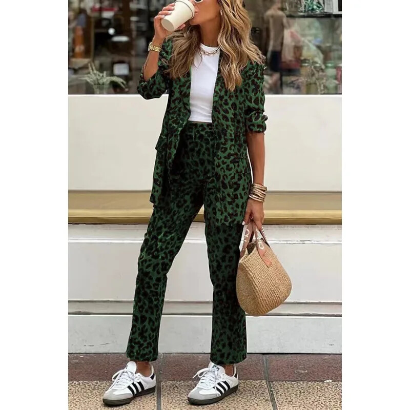 Őszi téli női kétrészes nadrág szett ruhák leopárdmintás bő, hosszú ujjú blézerkabát nadrág öltöny tréningruha Utcai viselet
