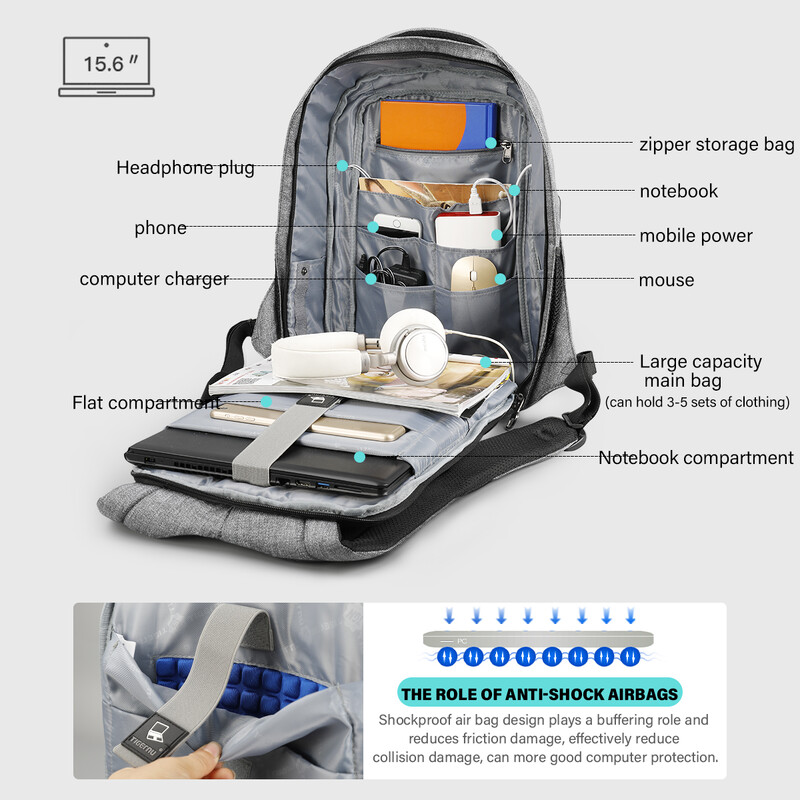 Élettartamra szóló garancia Férfi lopásgátló hátizsák 15,6 hüvelykes laptop hátizsák USB-porttal utazótáska Férfi Mochila alkalmi iskolatáska