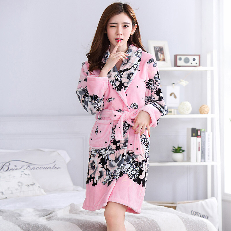 Vonios chalatas Moteriškas žieminis šiltas koralų vilnos moteriškas chalatas naktiniai kimono gėlėtas chalatas miegui Moteriški namų drabužiai