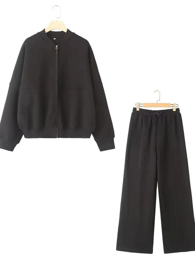 Divatos, 2024-es női Zip Bomber pulóver vagy sztreccs magas derekú plüss nadrág, sokoldalú, kétrészes női készlet