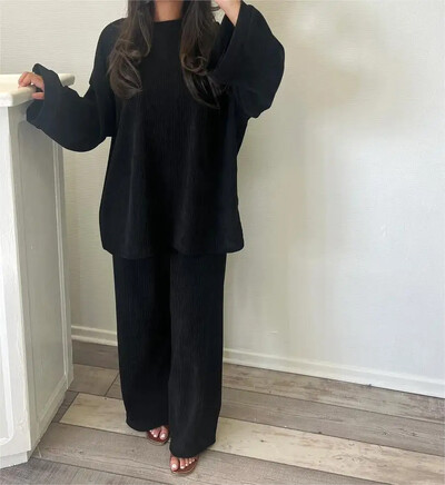 Őszi téli egyszínű kordbársony nadrág szettek női bő, hosszú ujjú, széles szárú nadrágok kétrészes szett Női ingázási ruházat