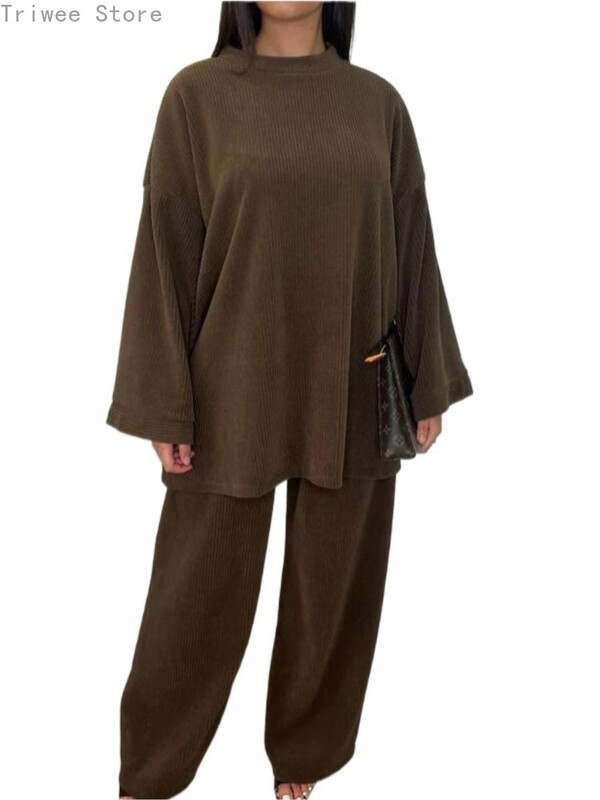 Őszi téli egyszínű kordbársony nadrág szettek női bő, hosszú ujjú, széles szárú nadrágok kétrészes szett Női ingázási ruházat