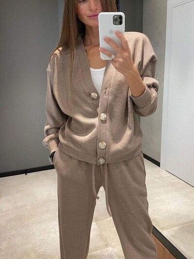 Elegantný kardigan s dlhým rukávom a jednoradovým výstrihom do V, top a nohavice, dvojdielna súprava pre ženy, módna jednofarebná jesenná športová súprava