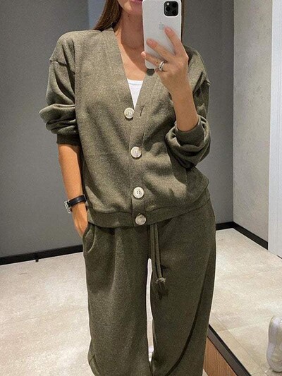 Elegantný kardigan s dlhým rukávom a jednoradovým výstrihom do V, top a nohavice, dvojdielna súprava pre ženy, módna jednofarebná jesenná športová súprava