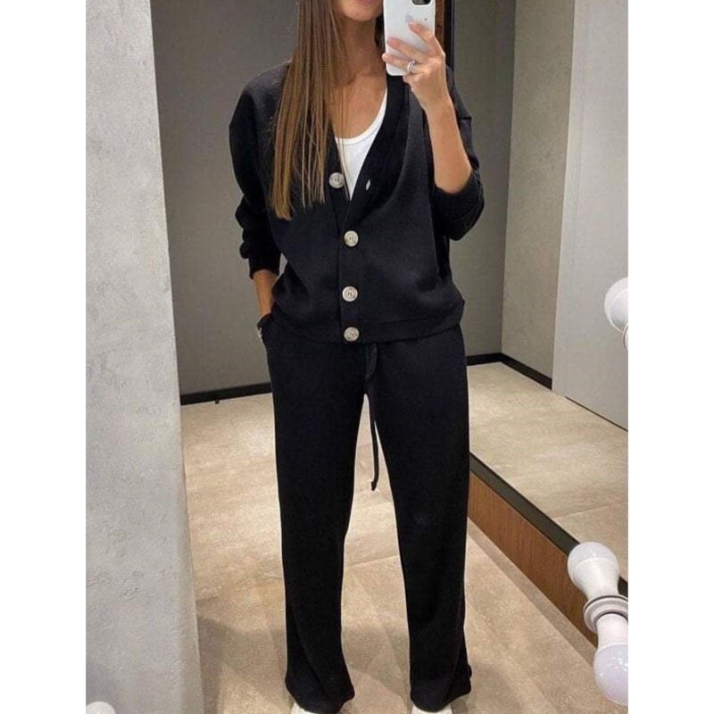 Elegantný kardigan s dlhým rukávom a jednoradovým výstrihom do V, top a nohavice, dvojdielna súprava pre ženy, módna jednofarebná jesenná športová súprava