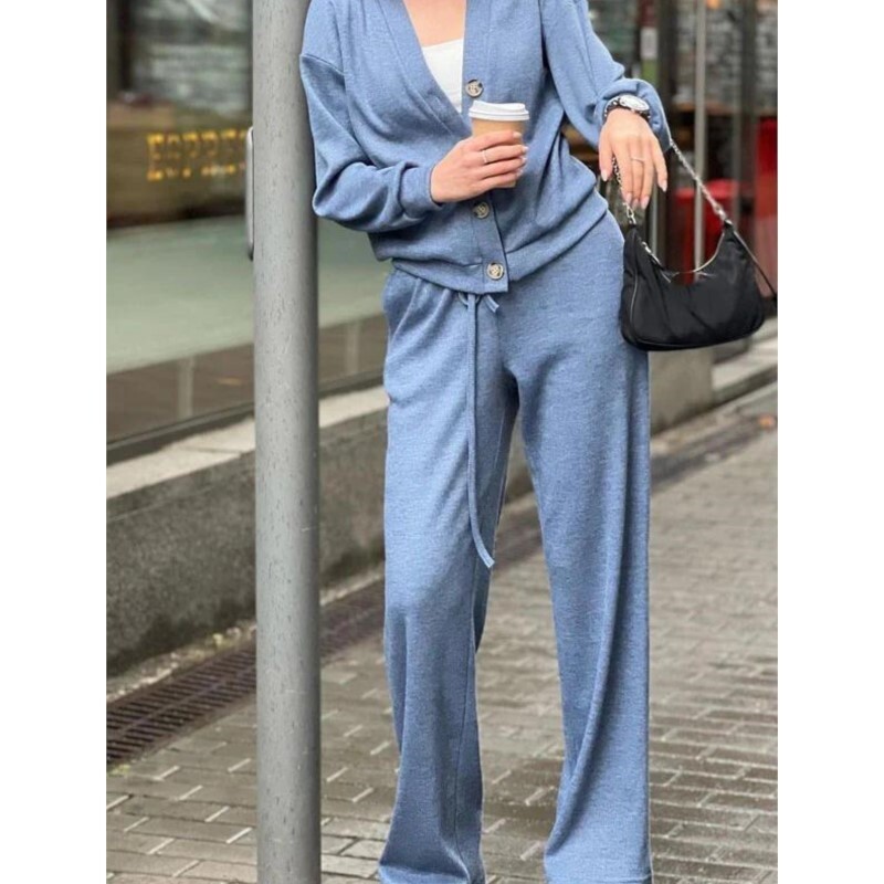 Elegantný kardigan s dlhým rukávom a jednoradovým výstrihom do V, top a nohavice, dvojdielna súprava pre ženy, módna jednofarebná jesenná športová súprava