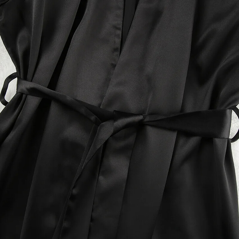 Selyem köntös Női szatén hosszú fürdőköpeny, hosszú ujjú, V nyakú női pongyola pánttal tömör bő kimonó női esküvőre