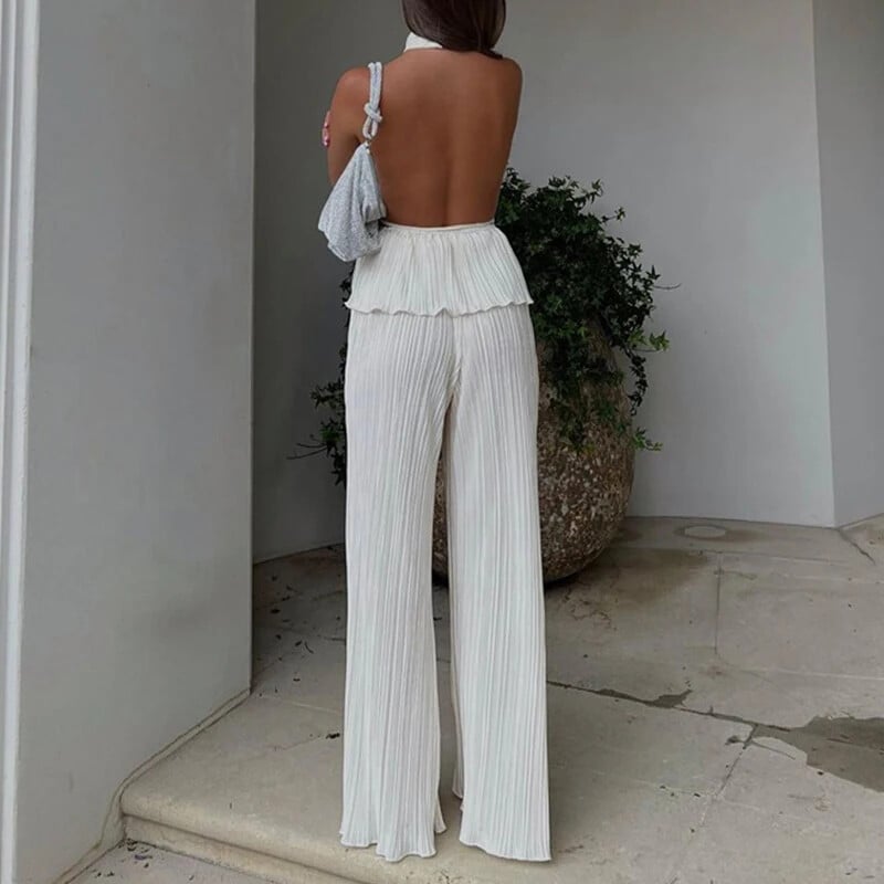 Prispôsobené sexy top s hlbokým výstrihom, dámsky 2-dielny letný biely skladaný nohavicový kostým, elegantný vysoký pás, široké nohavice