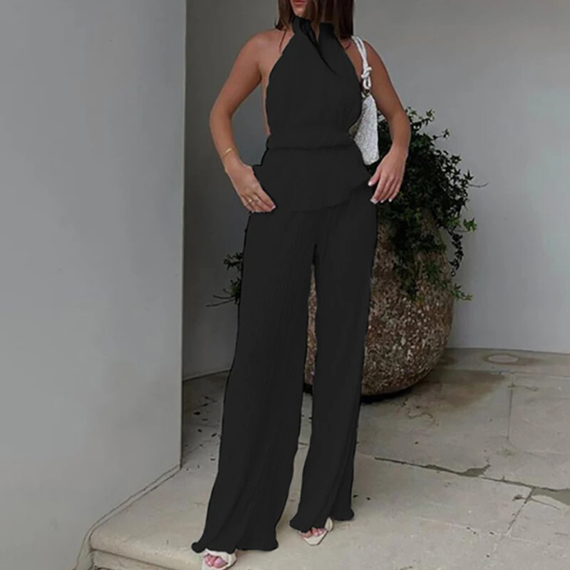 Prispôsobené sexy top s hlbokým výstrihom, dámsky 2-dielny letný biely skladaný nohavicový kostým, elegantný vysoký pás, široké nohavice