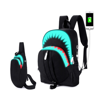Modes mugursoma USB uzlāde nakts gaismas haizivs klēpjdators mugursoma studentiem krūšu soma pusaudžiem skolas somas ceļojumu soma