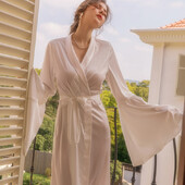 Biele nevesty dlhé svadobné župany nočné košele elegantné francúzske rozšírené rukávy kimono župan šaty jarné letné voľné saténové domáce oblečenie